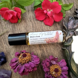 Witch&#39;s Cloak Perfume for Empaths | 10 ml Roller bottle | calm anxiety | recenter | Sweet almond oil | Amethyst | Rose Quartz