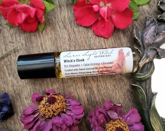 Witch's Cloak Perfume for Empaths | 10 ml Roller bottle | calm anxiety | recenter | Sweet almond oil | Amethyst | Rose Quartz