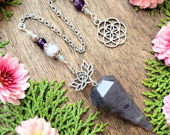 Iolite Pendulum | Sacred Geometry flower of Life | Seed of life | Om Lotus charm | Amethyst |  Labradorite | Blue Lace Agate