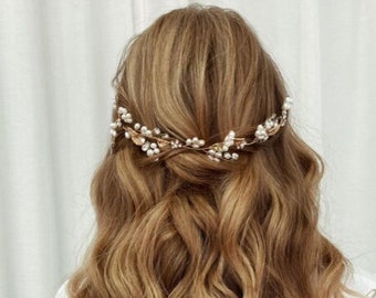 Adorno para el cabello de novia con perlas, dorado, con hojas plateadas