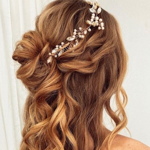 Pearl Bridal Hair Vine: Gold Wedding Headpiece, Crystal Prom Accessories