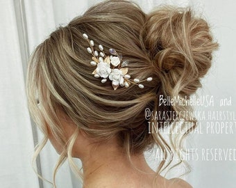 Parelmoer bruidshaarkam: bruiloftshaarstuk met bloemen en kristallen