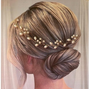 Vintage Pearl Bridal Hair Vine: Gold Wedding Headpiece, 15 Inch