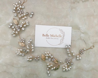 Tocado nupcial de perlas, tocado de boda dorado, diadema floral, pieza para el cabello con hojas