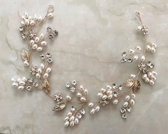 パールブライダルヘアヴァインゴールドウェディングヘッドピースリーフヘッドバンド