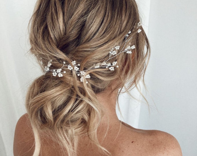 Bridal Hair Vine: Crystal Babys Breath, Silver Wedding Headpiece