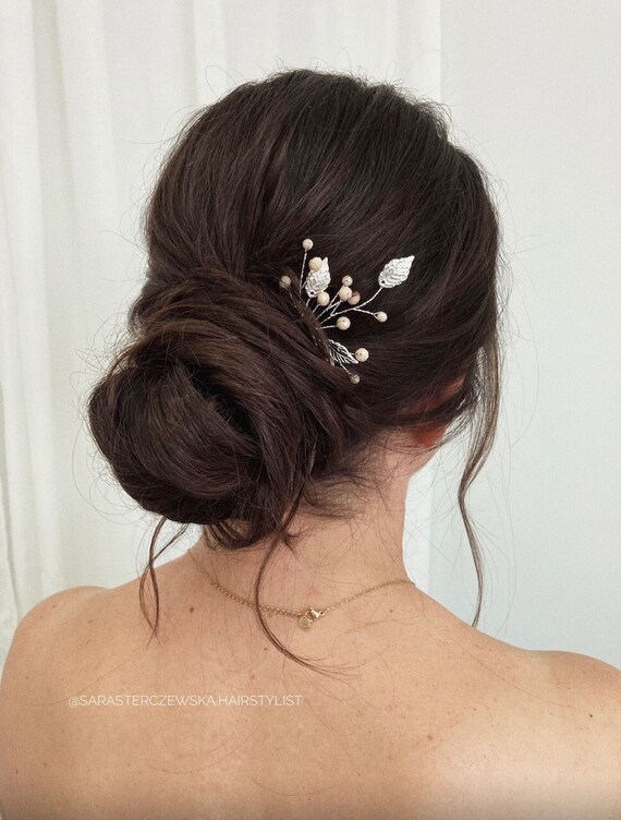 New handmade?bridal hair pin vegan silver tone Bridal Pearl Hair Pin, Flower Hair Pin, Silver Hair  main image 2