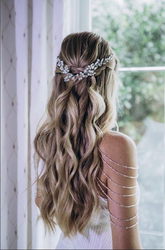 Pearl Bridal Hair Vine: Crystal Gold Wedding Headpiece, Boho 
