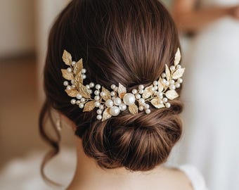 Pearl Bridal Hair Vine: leaves Gold Wedding Headpiece leaves