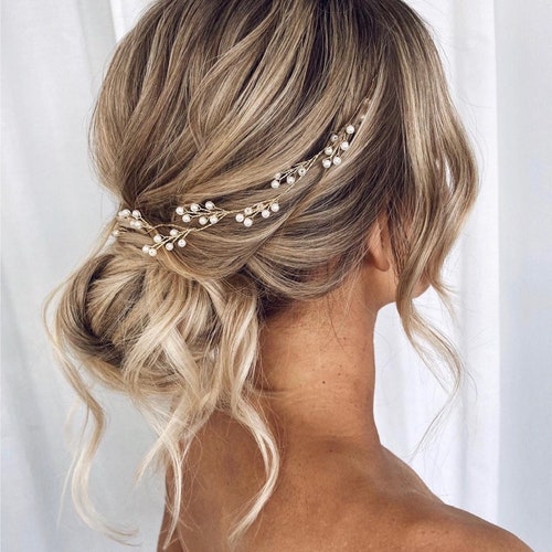 Gold Pearl & Crystal Bridal Hair Vine BHLDN les Couronnes de Victoire Gold Sparkly Rhinestone Hair Vine With Jeweled Leaves and  main image 3