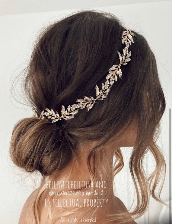 Bridal Hair Vine Gold Leaf Crystal Headpiece Silver Headband  display picture 2