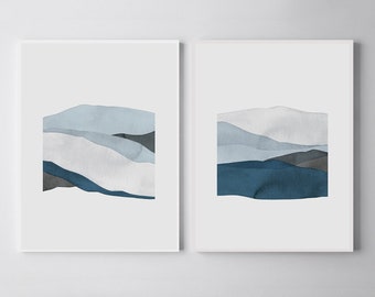 2 Piece Wall Art, Printable Wall Art, Blue and Gray Wall Art, Bedroom Wall Art, Modern Landscape Print, Minimal Art, Watercolor Printable