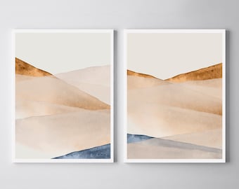 Set of 2 Prints, PRINTABLE Wall Art, Bedroom Print Set, Rust Blue Art, Neutral Wall Art, Blue Orange Wall Art, Watercolor Landscape Prints