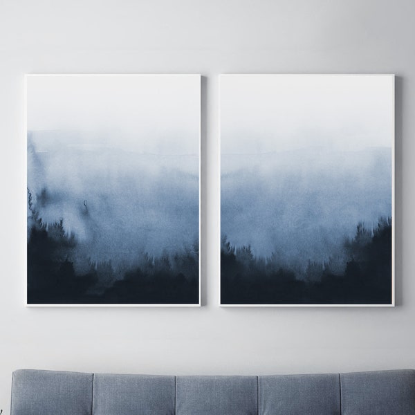 Set van 2 prints, abstracte kunst, afdrukbare print set, afdrukbare Wall Art Abstract, twee prenten, blauwe muur kunst, blauw en wit, slaapkamer kunst