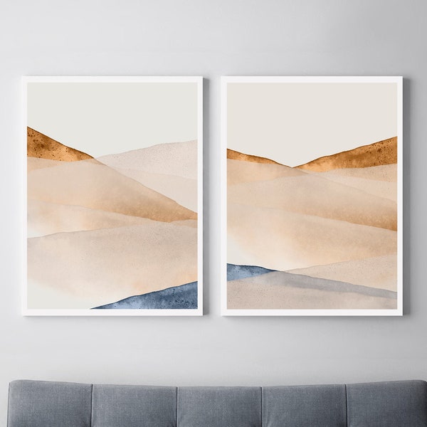 Conjunto de 2 impressões, arte de parede IMPRIMÍVEL, conjunto de impressão de quarto, arte em azul ferrugem, arte de parede neutra, arte de parede azul laranja, impressões de paisagem em aquarela