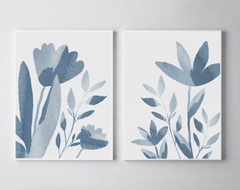 Set of 2 Prints, Printable Wall Art, Blue Wall Art, Indigo Prints, Floral Wall Art, Two Prints, Blue Art, Blue and White, Living Room Art