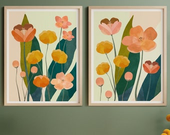 Spring Printable Wall Art, Colorful Floral Prints, Digital Download, Watercolor Flowers, Set of 2 Prints, Living Room Art, Modern Botanical