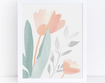 Décor de printemps, aquarelle fleurs, PRINTABLE Wall Art, aquarelle imprimable, pêche vert art, art mural floral, tulipe art, décor d’été, art