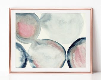 Grand Art horizontale, Art Digital, Art rose et bleu, Art mural abstrait, aquarelle Art abstrait, impression papier, cercles, Wall Art, Art de la salle de séjour