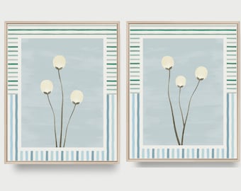 Light Blue Botanical Wall Art Prints – Set of 2 | Minimalist Watercolor Prints with Striped Border | Living Room Printable Art Decor,  18x24