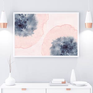 Horizontal Wall Art, Printable Art, Pink Blue Wall Art, Blush Pink Art, Watercolor Print, Watercolor Horizontal Art, Large Print, 24x36 Art image 1