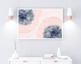 Horizontal Wall Art, Printable Art, Pink Blue Wall Art, Blush Pink Art, Watercolor Print, Watercolor Horizontal Art, Large Print, 24x36 Art