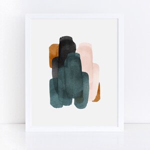 May include: Abstract art print with a white background and colorful brushstrokes in shades of teal, brown, black, and pink.
