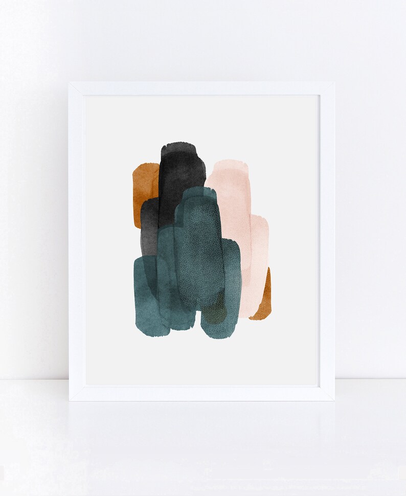 May include: Abstract art print with a white background and colorful brushstrokes in shades of teal, brown, black, and pink.