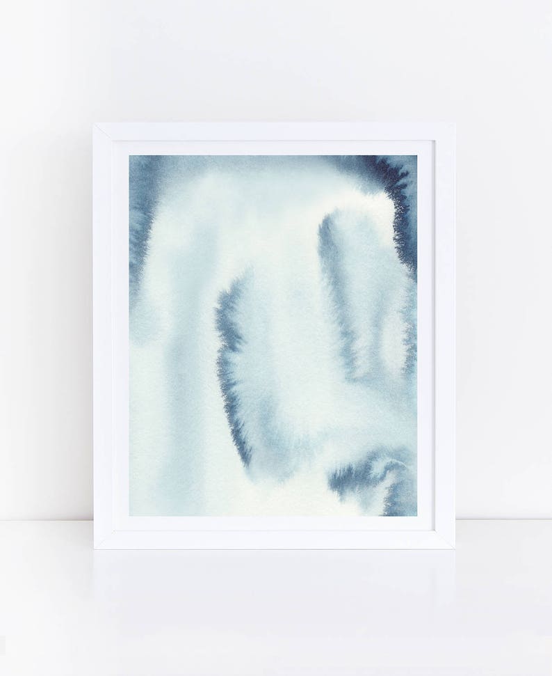May include: Abstract watercolour painting in shades of blue and white. The painting features a swirling, organic shape with a soft, ethereal quality.