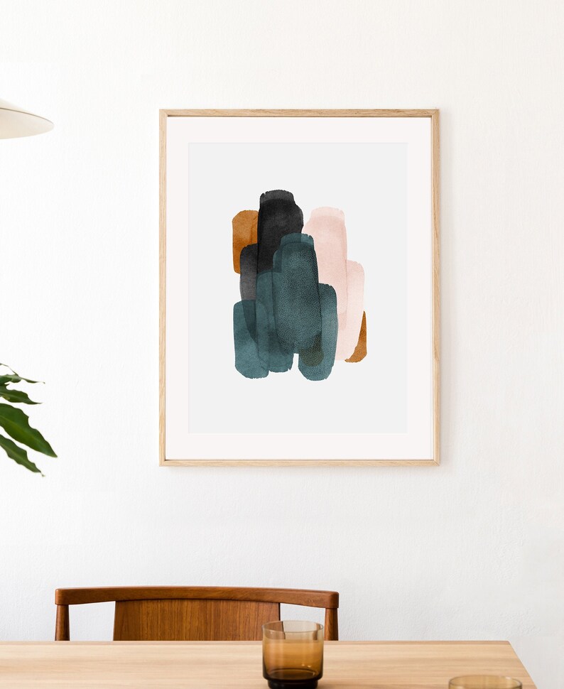 May include: Abstract art print with a framed image of a cluster of brushstrokes in shades of teal, black, brown, and pink.