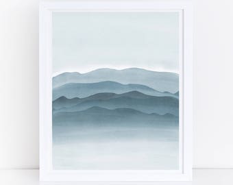 Watercolor Mountain, Printable Watercolor Art, Blue Wall Art, Mountain Print, Modern Wall Art, Mountains Art, Watercolor Print, Art Print