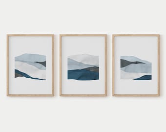 Set of 3 Prints, Printable Wall Art, Blue Wall Art, 3 Piece Wall Art, Modern Landscape Print Download, Navy Wall Art, Bedroom Wall Art, Art