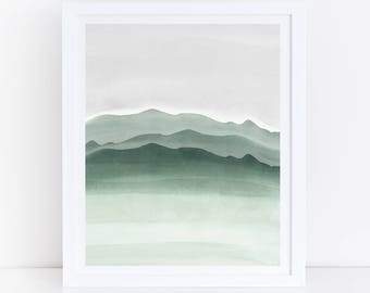 Art mural vert et gris sauge, art imprimable, aquarelle, montagnes d’aquarelle, art des murs de montagne, impression naturelle, art abstrait, impression