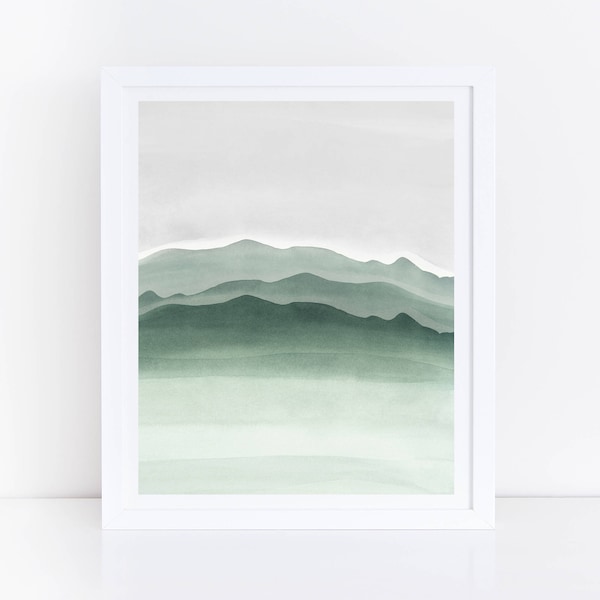 Arte de parede verde sálvia e cinza, arte para impressão, impressão em aquarela, montanhas em aquarela, arte de parede de montanha, impressão da natureza, arte abstrata, impressão