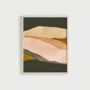 May include: Abstract art print featuring a layered landscape of muted brown, beige, and green hues against a dark green background.