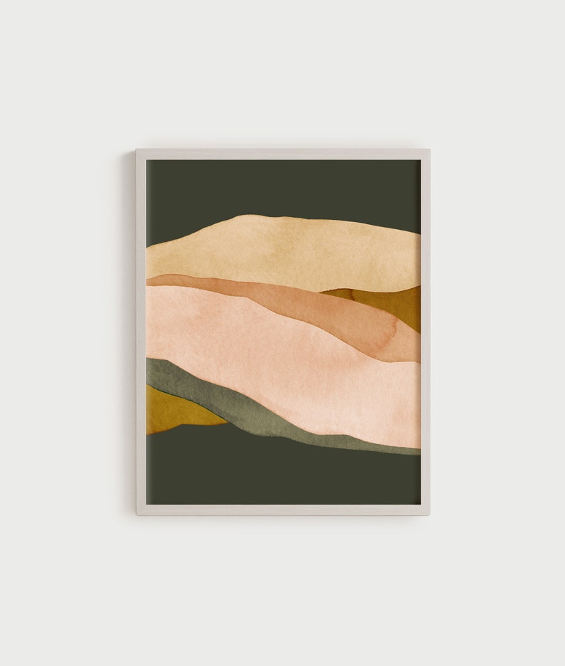 May include: Abstract art print featuring a layered landscape of muted brown, beige, and green hues against a dark green background.
