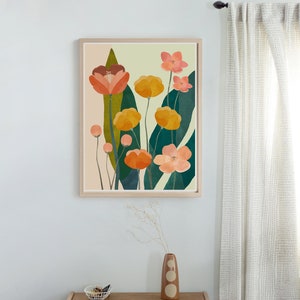 modern floral wall art with painted colorful flowers hanging on a wall