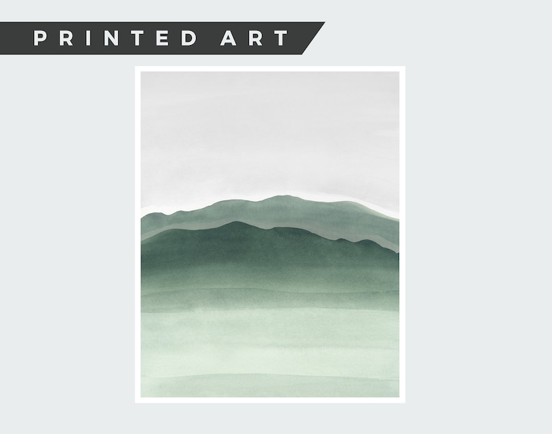 May include: Abstract watercolor painting of a green mountain range with a light gray background.