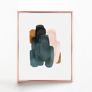 May include: Abstract art print with a copper frame. The print features a cluster of brushstrokes in shades of brown, pink, and teal.