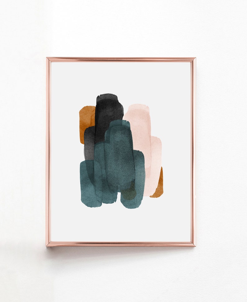 May include: Abstract art print with a copper frame. The print features a cluster of brushstrokes in shades of brown, pink, and teal.