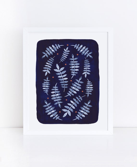 Printable Wall Art Navy Blue Art Watercolor Leaves Etsy