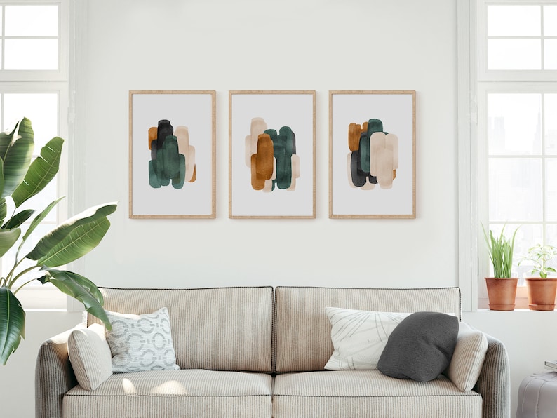 Set of 3 Prints, Living Room Wall Art, Abstract Art, Printable Print Set, Three Prints, Green and Rust Wall Art, Neutral Print Set, 24x36 image 2