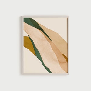 K&ouml;nnte beinhalten: Abstrakter Kunstdruck mit &uuml;berlappenden Formen in Gr&uuml;n-, Braun- und Beiget&ouml;nen. Der Druck hat einen minimalistischen Stil und w&uuml;rde in einem modernen Zuhause gut aussehen.