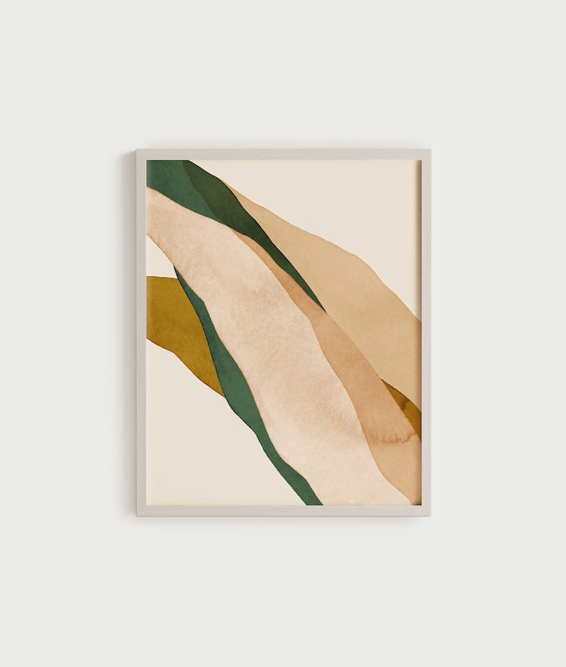 K&ouml;nnte beinhalten: Abstrakter Kunstdruck mit &uuml;berlappenden Formen in Gr&uuml;n-, Braun- und Beiget&ouml;nen. Der Druck hat einen minimalistischen Stil und w&uuml;rde in einem modernen Zuhause gut aussehen.