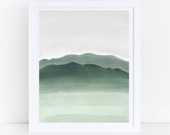 Landscape Printable Art, Green and Gray Print, Sage Green Wall Art, Watercolor Printable Art, Nature Print, Green Mountain Print, Modern Art