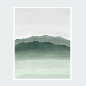May include: Abstract watercolor painting of a green mountain range with a light gray background.