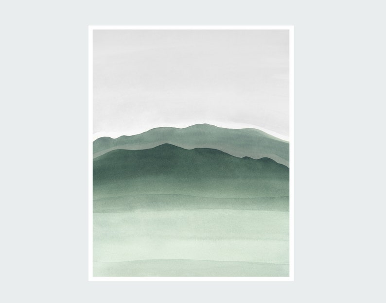 May include: Abstract watercolor painting of a green mountain range with a light gray background.