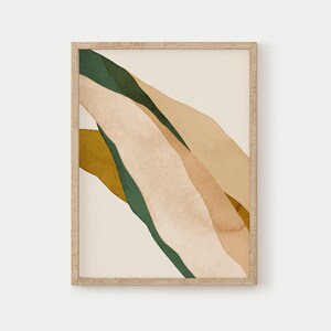 K&ouml;nnte beinhalten: Abstrakter Kunstdruck mit einem gerahmten Design, das sich &uuml;berlappende Formen in Gr&uuml;n-, Braun- und Beiget&ouml;nen zeigt.