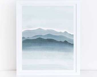 Blue Wall Art, Printable Watercolor Art, Blue Watercolor Print, Blue Mountains, Modern Wall Art, Digital Print, Landscape Print