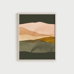 May include: Abstract watercolor painting of a landscape with layered hills in shades of pink, orange, brown, and green against a dark green background.